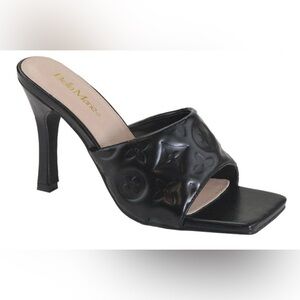 Black faux leather slip on heels